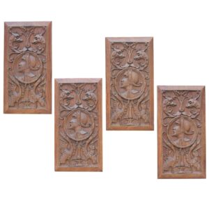 Four Antique Carved Oak Panels Depicting Mythical Creatures and Gentleman In Period Costume
