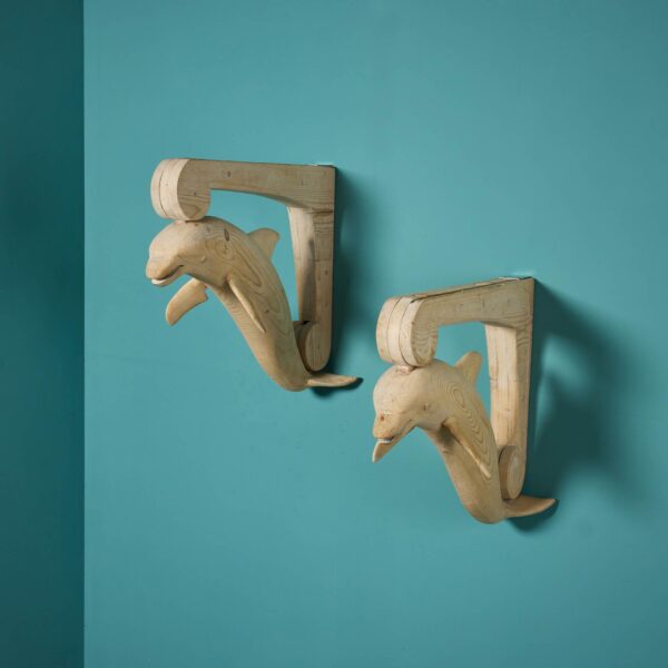 Pair of Antique English Carved Pine Dolphin Brackets