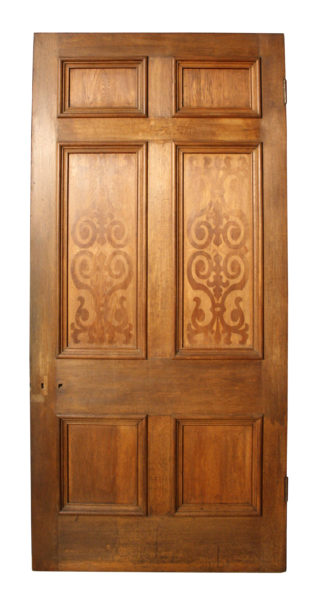 A Large Reclaimed Oak Six Panel Door with Marquetry Panels