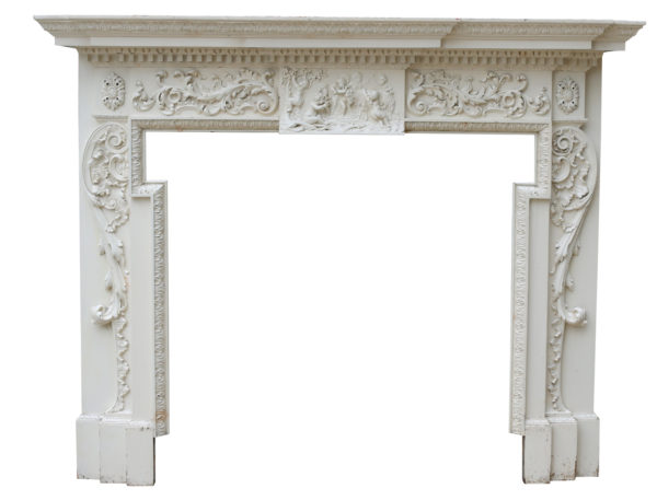 Large 18th Century English Breakfront Carved Pine Fire Surround