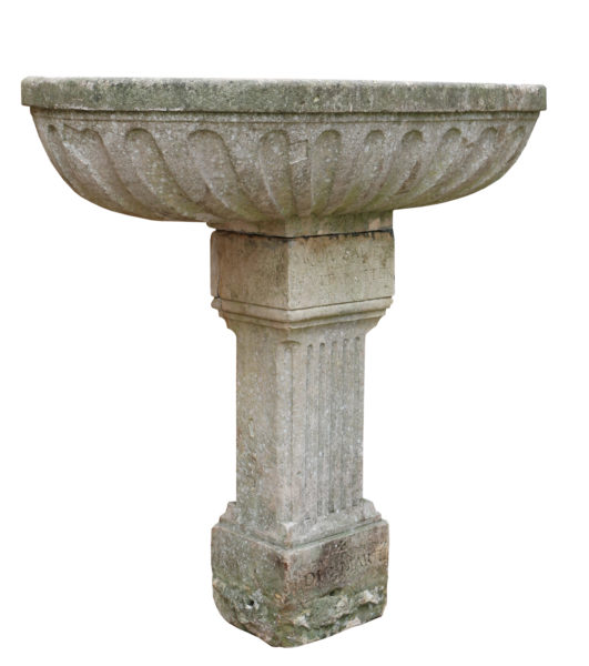 Antique Oval Limestone Trough with Fluted Sides Standing on a Pedestal