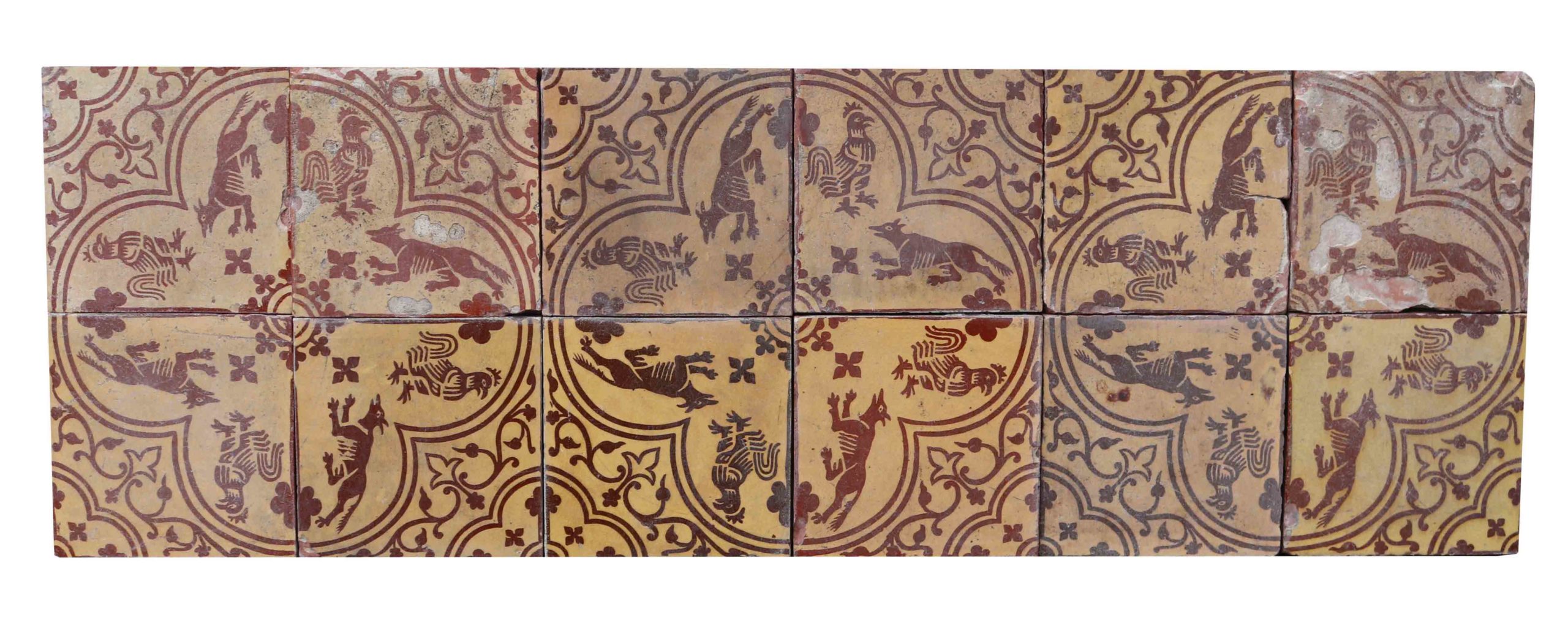 A Set Of 12 Antique Medieval Style, Encaustic Style Tiles