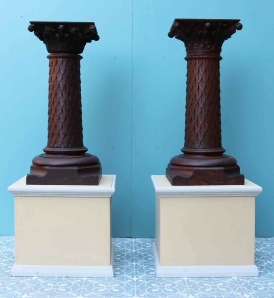 Two Antique Carved Oak Column Pedestals