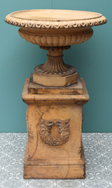 An Antique Glazed Terracotta Tazza Urn on Pedestal