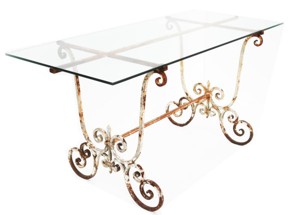 A Reclaimed Glass and Wrought Iron Garden Table