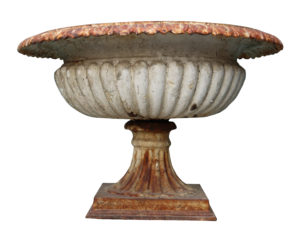 A reclaimed shallow cast iron ‘tazza’ style garden urn.