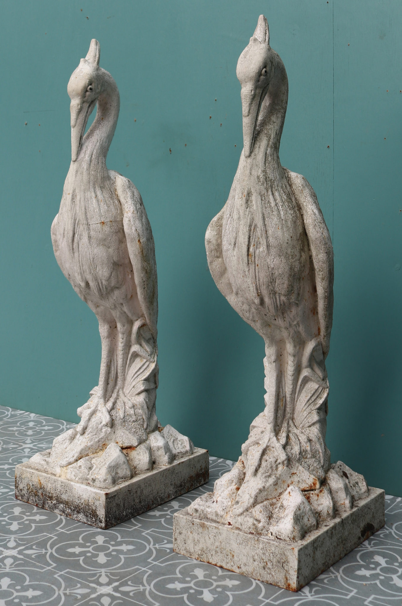 A Pair Of Antique Cast Iron Heron Sculptures Uk Heritage