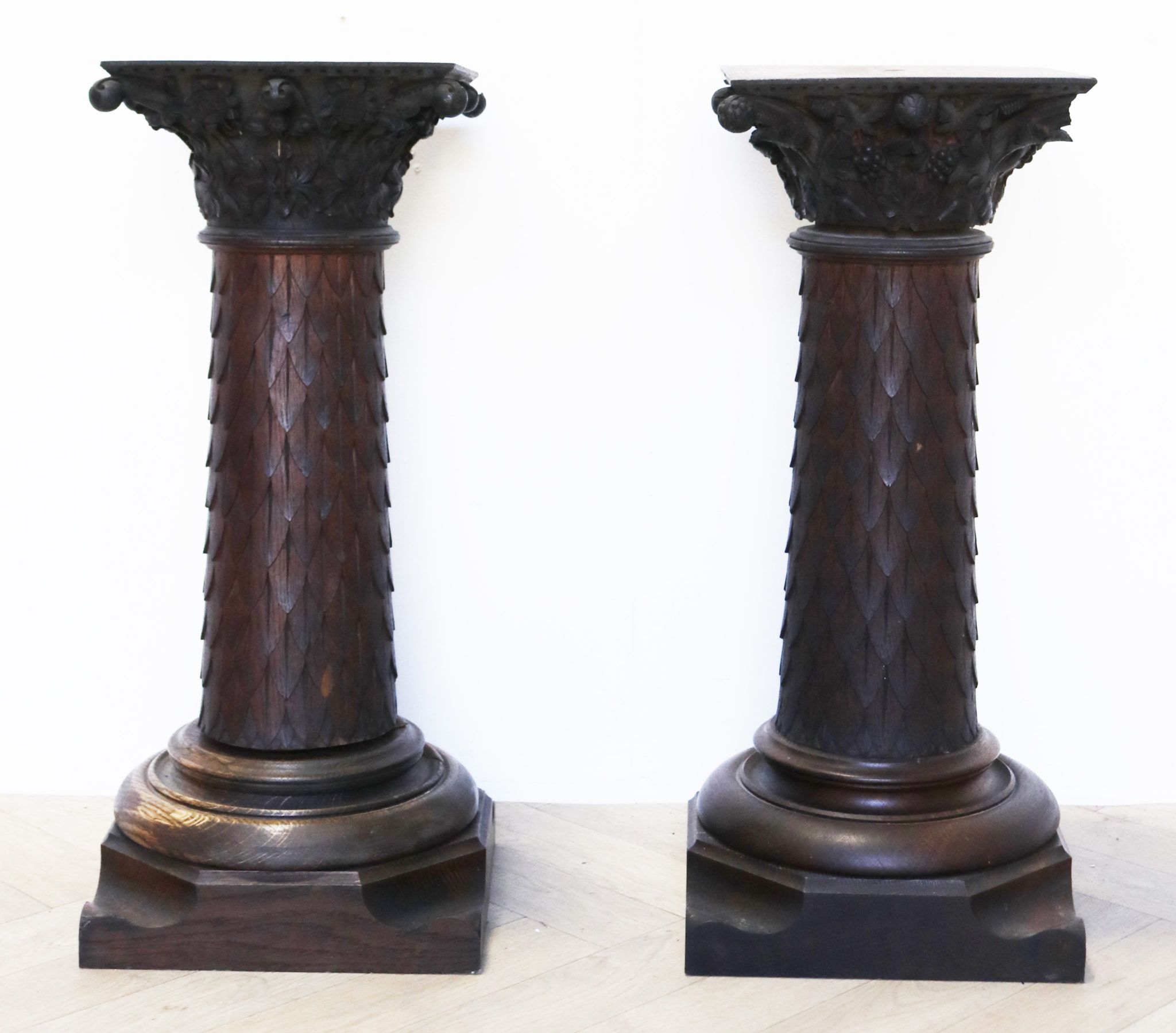 Two Antique Carved Oak Column Pedestals - UK Architectural Heritage