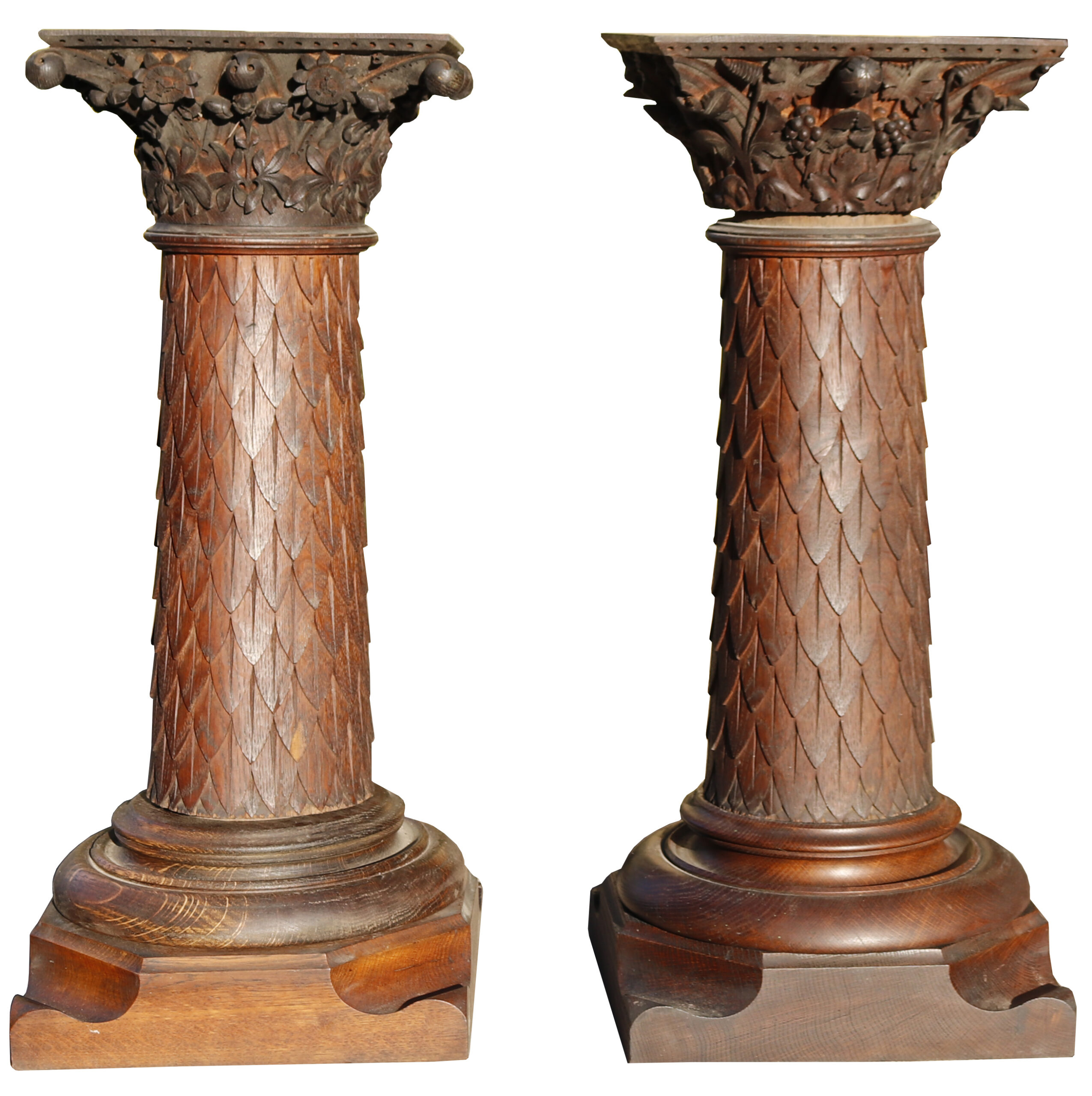 Two Antique Carved Oak Column Pedestals UK Architectural Heritage