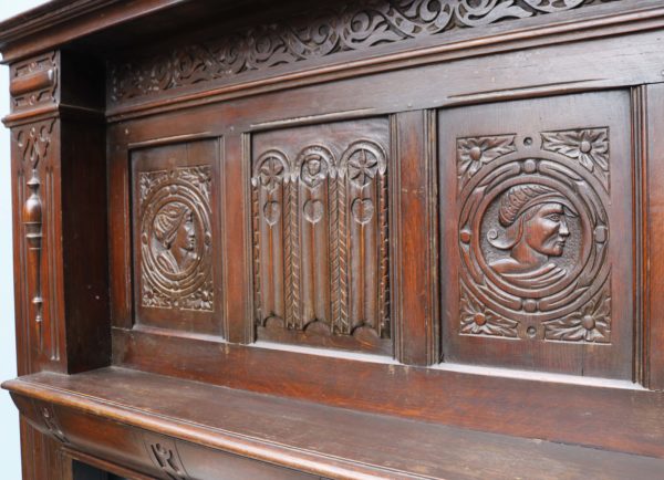 Large English Jacobean Style Carved Oak Fireplace