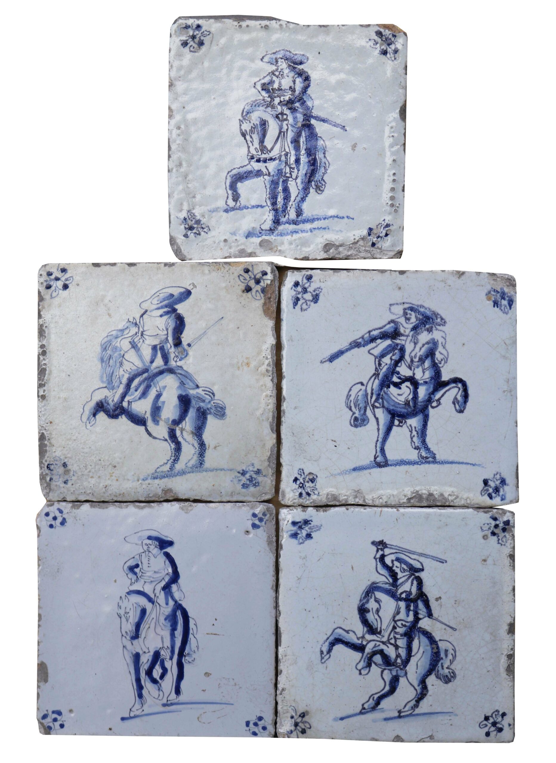 Five Delft Tiles Featuring Horsemen