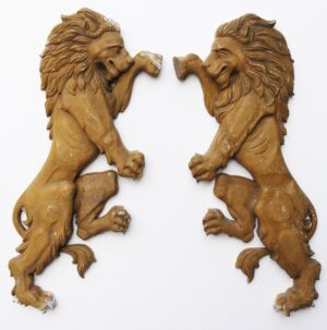 Pair of Antique Carved Polychrome Lions