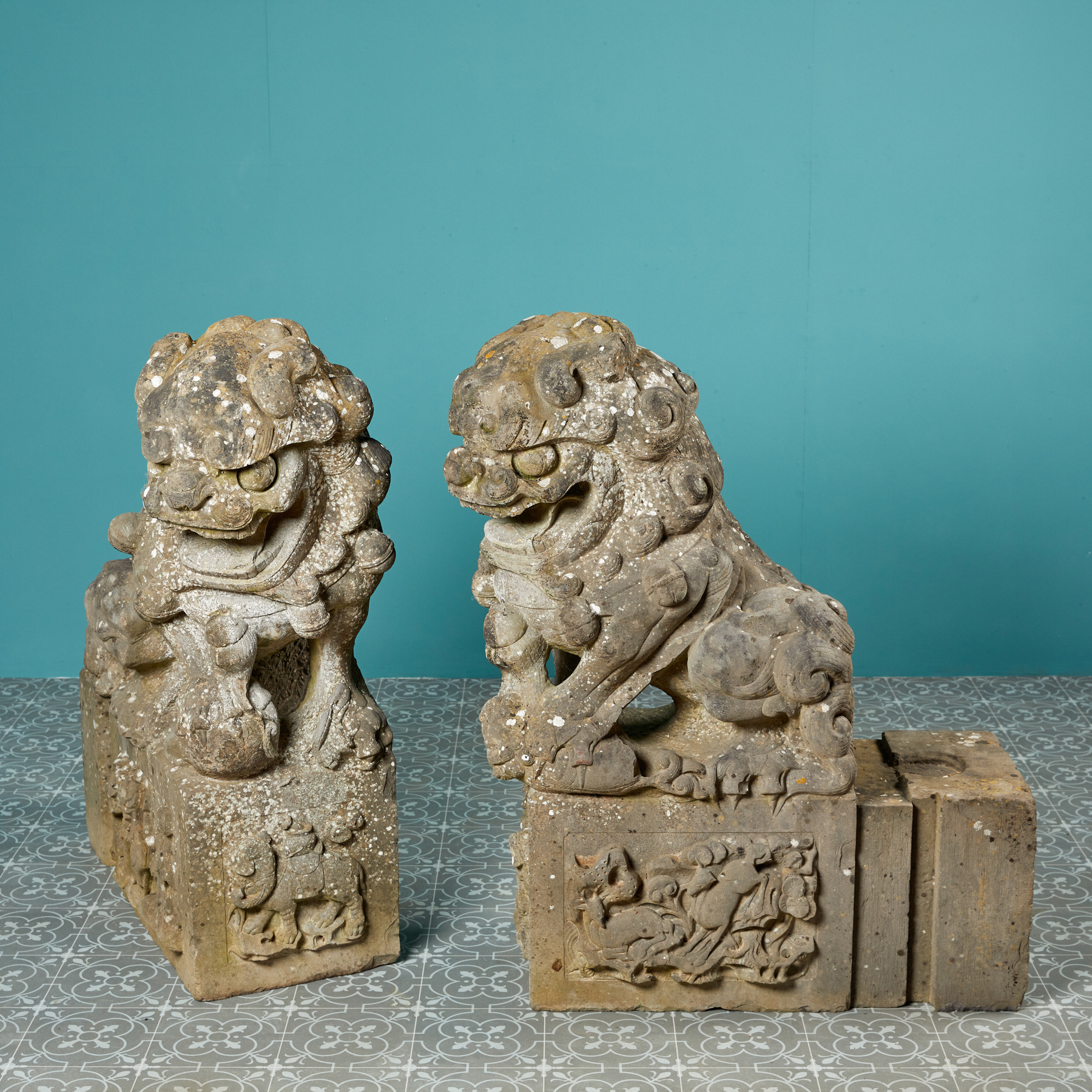 Pair of Carved Stone Chinese Foo Dog Statues