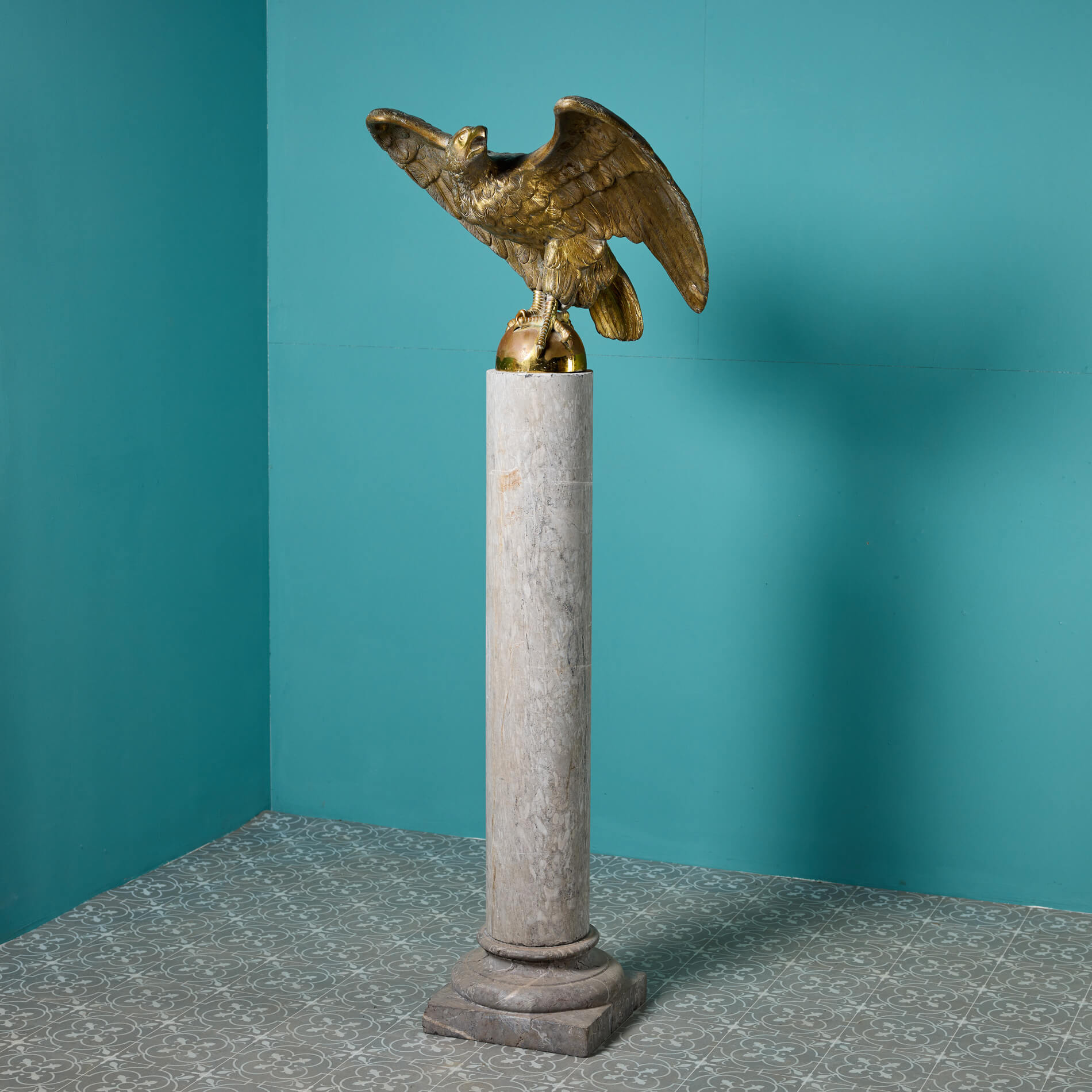 Antique Solid Brass Eagle Statue on Marble Column