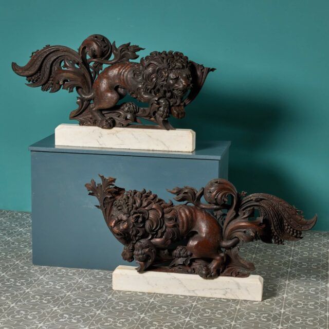 Two Mounted Antique Carved Wooden Lion Sculptures UK Architectural Heritage