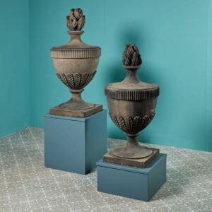 Pair of Carved Antique Sandstone Garden Urns with Flame Finials