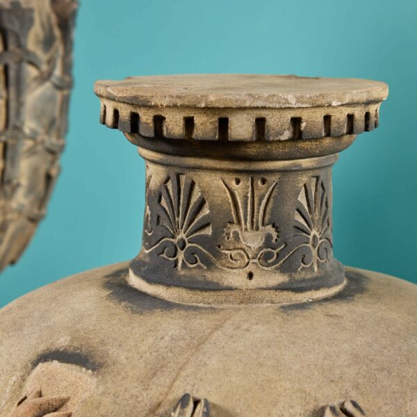 Pair of Neoclassical Style Antique Sandstone Garden Urns