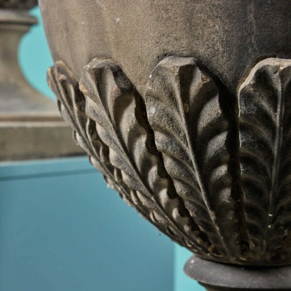Pair of Carved Antique Sandstone Garden Urns with Flame Finials
