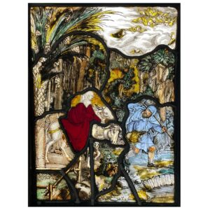 Antique Religious Stained Glass Depicting the Flight into Egypt