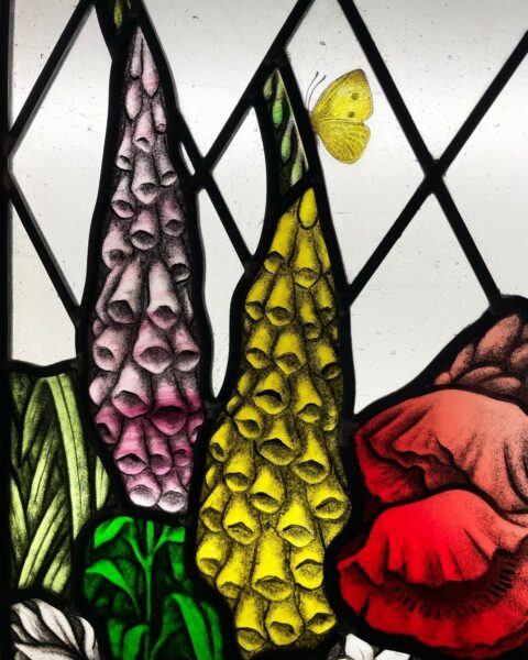 Antique Stained Glass Window with English Flowers