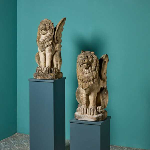 Rare Pair of Natural Limestone Winged Lion Statues