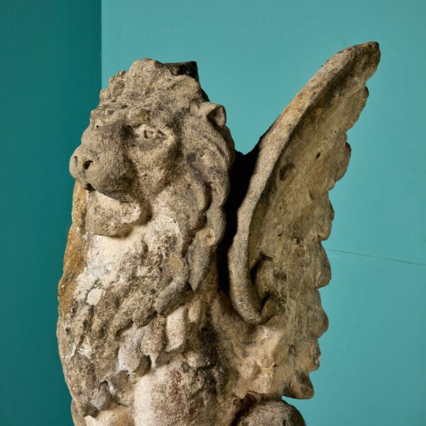 Rare Pair of Natural Limestone Winged Lion Statues