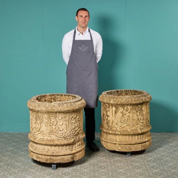 Two Large Reclaimed Carved Limestone Planters