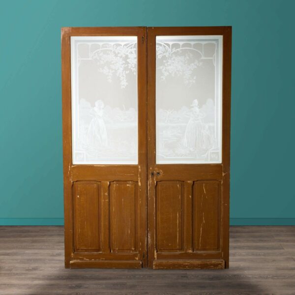Set of Dutch Antique Acid Etched Glass Double Doors