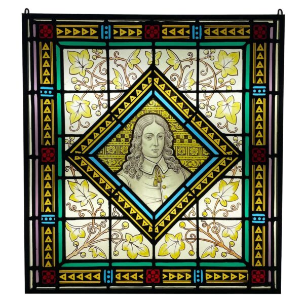 Antique Stained Glass Window Depicting a Victorian Figure