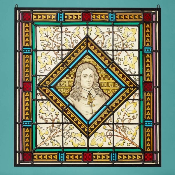 Antique Stained Glass Window Depicting a Victorian Figure