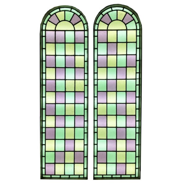 Reclaimed Stained Glass Arched Double Windows with Frame