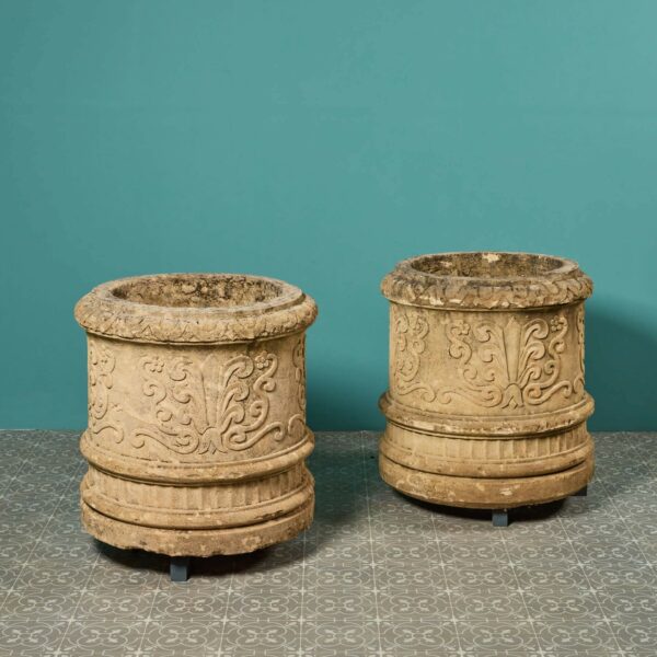 Two Large Reclaimed Carved Limestone Tree Planters