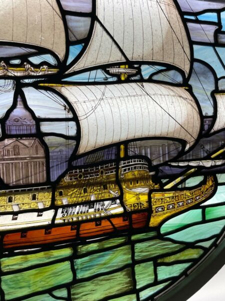 Antique English Stained Glass Window Depicting a Ship
