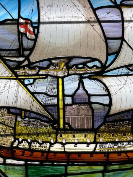 Antique English Stained Glass Window Depicting a Ship
