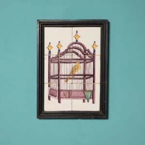 Antique Framed Delft Tile Panel Depicting a Bird in Cage