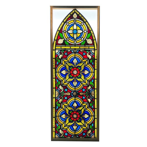 Antique Victorian Arched Stained Glass Window of Tudor Rose