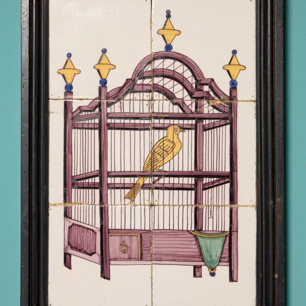 Antique Framed Delft Tile Panel Depicting a Bird in Cage