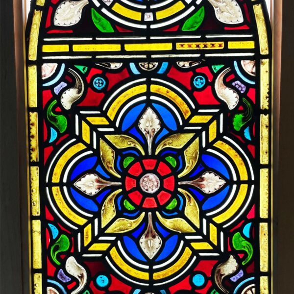 Antique Victorian Arched Stained Glass Window of Tudor Rose