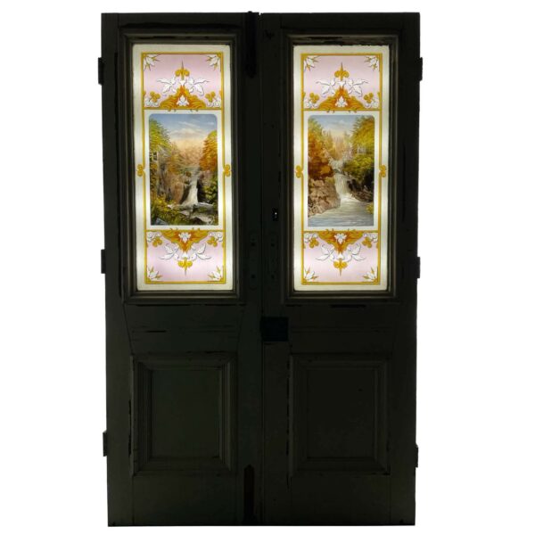 Set of Handpainted Antique Stained Glass Double Doors