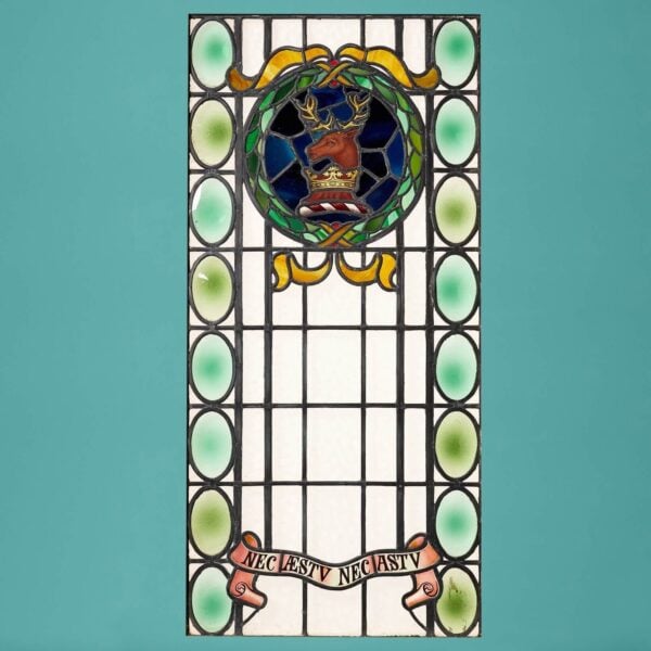 Large Antique Stained Glass Window with Stag Crest