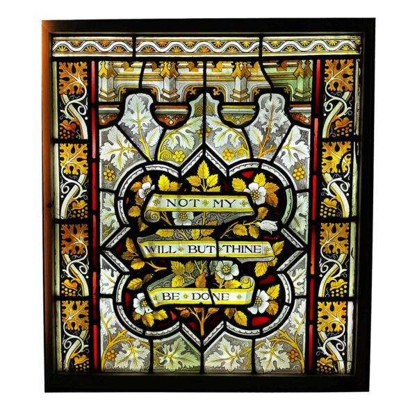 Antique Ecclesiastical Stained Glass with Religious Quote