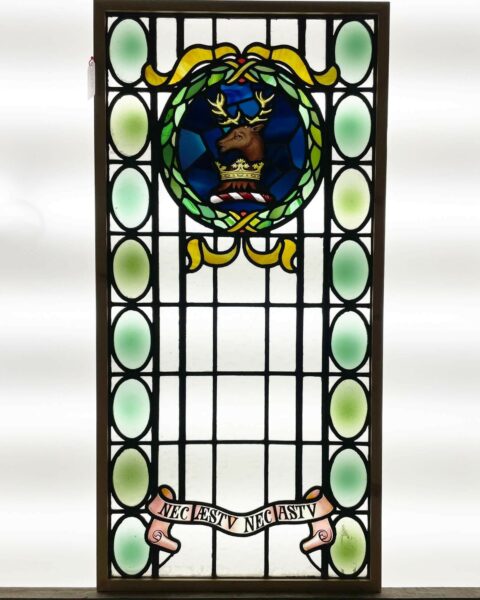 Large Antique Stained Glass Window with Stag Crest