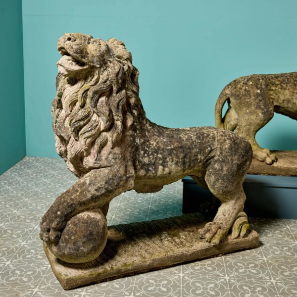 Pair of Large Weathered Stone Lion Statues