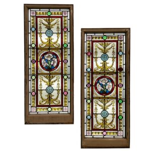 Pair of Large Antique Floral Stained Glass Windows
