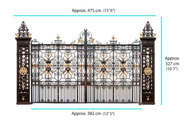 Spectacular Set of Antique Iron Driveway Gates & Posts 382 cm (12’ 5”)