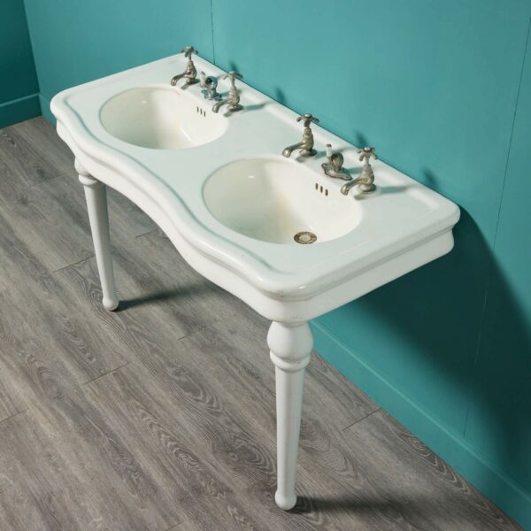 Antique French Double Stoneware Sink with Porcelain Legs