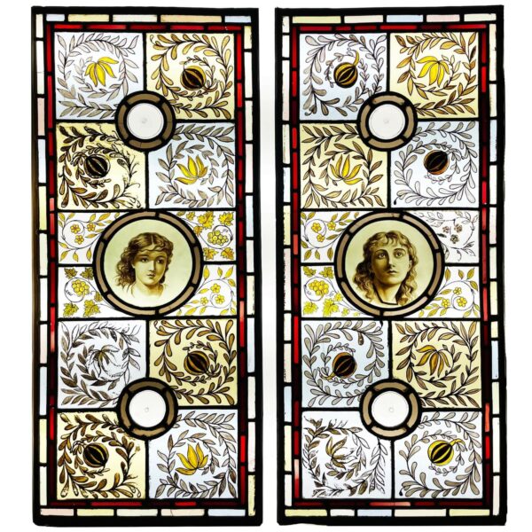 Large Pair of Arts & Crafts Style Stained Glass Panels