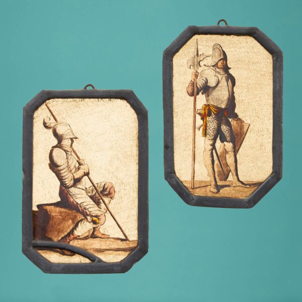 Pair of Antique Stained Glass Panels of Medieval Soldiers