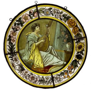 Antique Victorian Stained Glass Roundel of Woman Playing a Lyre