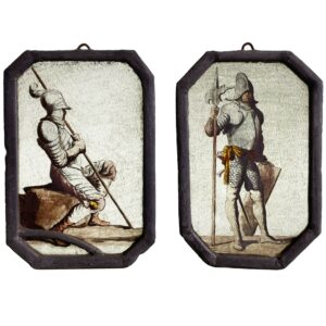 Pair of Antique Stained Glass Panels of Medieval Soldiers